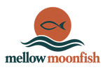 Mellow Moonfish — two-tone full moon, fish symbol and waves logo