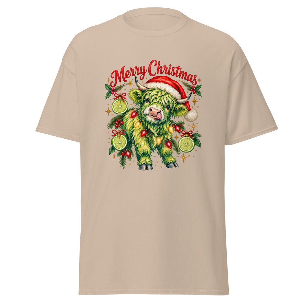 Mellow Moonfish Christmas Lime Cow T-shirt in Sand — product mockup