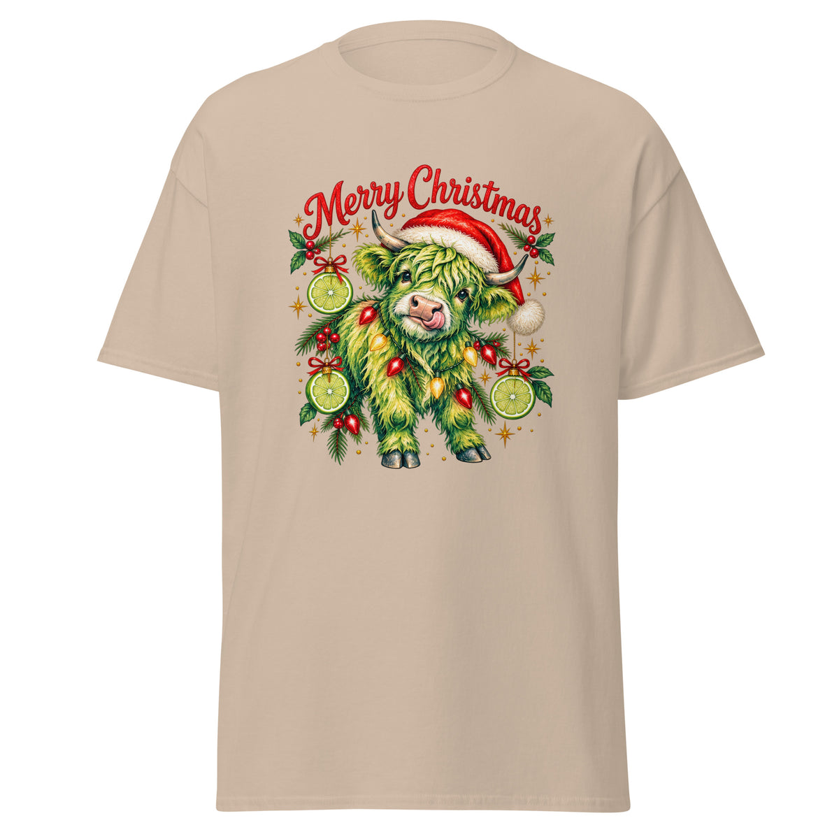 Mellow Moonfish Christmas Lime Cow T-shirt in Sand — product mockup