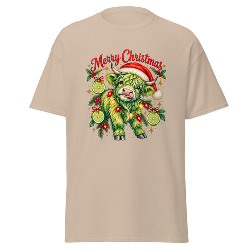 Mellow Moonfish Christmas Lime Cow T-shirt in Sand — product mockup