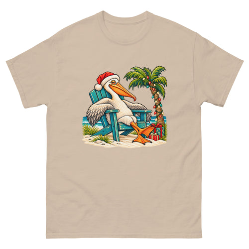 Sand-colored Mellow Moonfish T-shirt with a Santa-hat pelican in a teal beach chair beside a decorated palm tree