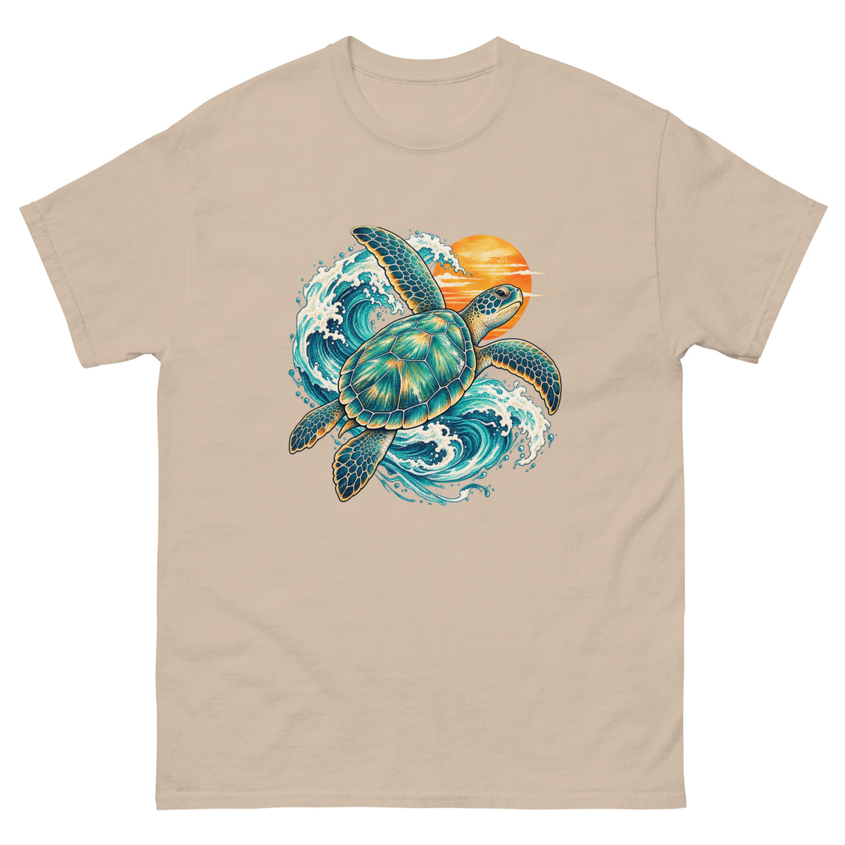 Sand-colored Mellow Moonfish T-shirt with a sea turtle, teal ocean waves and a golden sun