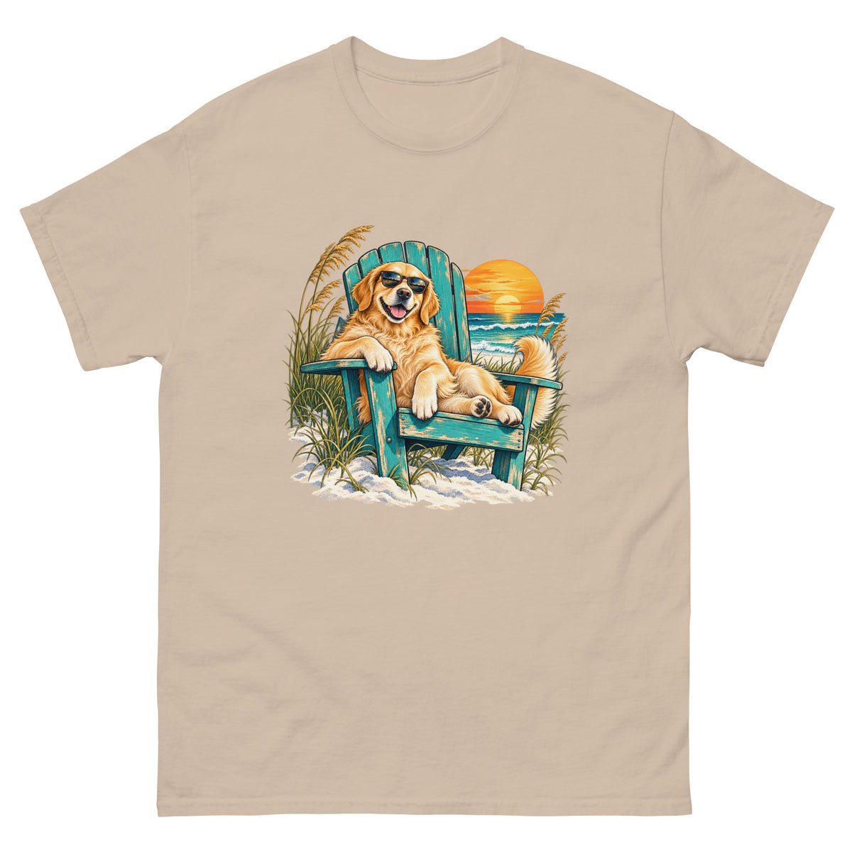 Sand-colored Mellow Moonfish T-shirt with a golden retriever in a beach chair beside a coastal sunset