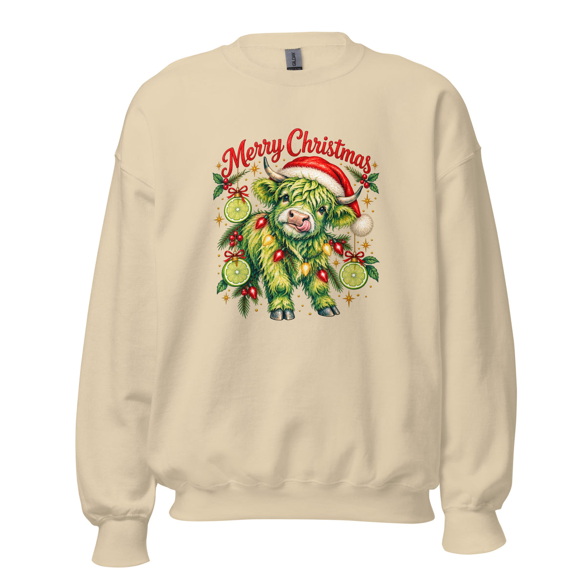 Mellow Moonfish Christmas Lime Cow sweatshirt in Sand — product mockup